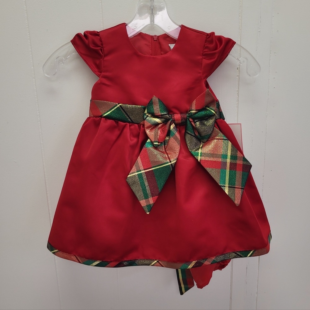 Rare Editions Baby Girl  Plaid Bow Detail Satin Dress With Diaper Panty